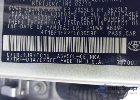 2015 Toyota Camry Le z USA, uszkodzony, nr VIN 4T1BF1FK2FU036596